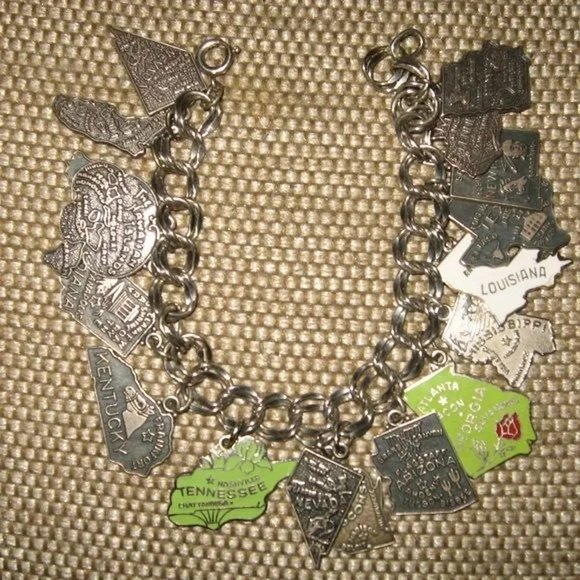 ❤️17 STATE CHARM BRACELET STERLING SILVER Hawaii Georgia New Mexico Louisiana ++ - Picture 1 of 7